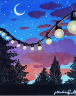 Painting of string lights against a night sky with clouds and moon.
